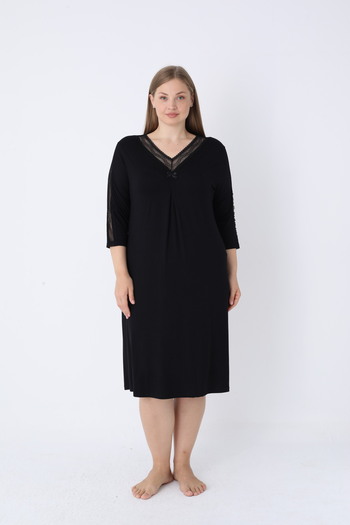 Cotpark Women's Plus Size Lycra Viscose Fabric Lace Detailed Black Nightdress 13706