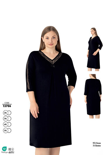 Cotpark Women's Plus Size Lycra Viscose Fabric Lace Detailed Black Nightdress 13706