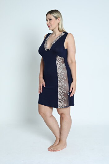 Cotpark Navy Blue Lace Detailed Large Size Nightgown - 10350-b
