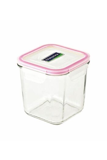 esdekor Glasslock Square Glass Storage Jar 920ml Pink Lid Locking Food Container - Microwave Safe