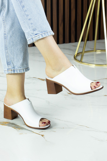 Erkan Saçmacı Valery White Genuine Calfskin Open Front Thick Heeled Slippers