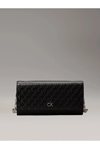 Calvin Klein Black Leather Shoulder Bag with Ck Monogram Logo - Adjustable Strap K60K 612853 -0Gj