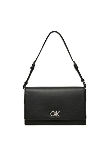 Calvin Klein Black Leather Shoulder Bag with Ck Logo Adjustable Strap - Snap Closure K60K 612807 -Beh