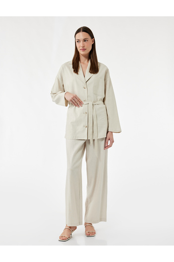 Koton Long Sleeve Buttoned Belted Pocket Detailed Linen Oversize Jacket