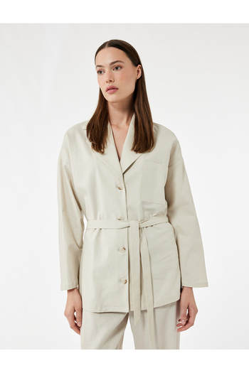 Koton Long Sleeve Buttoned Belted Pocket Detailed Linen Oversize Jacket