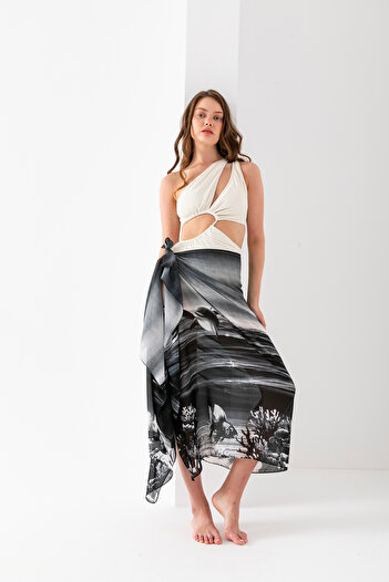 Wega Moda Aquarium Dolphin Pattern Chiffon Pareo, Digital Printing, Quick Dry Pareo, 200X100Cm, Beach Clothing, Pareo