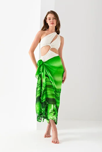 Wega Moda Aquarium Dolphin Pattern Chiffon Pareo, Digital Printing, Quick Dry Pareo, 200X100Cm, Beach Clothing, Pareo