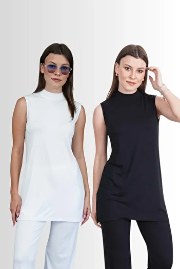 penyebizden Viscose Sleeveless Tunic 2 Pieces Sale-Black-White