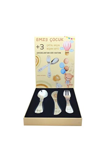 emze çocuk Stainless Steel Boxed Children's Fork Spoon Knife Set with Kitten Pattern