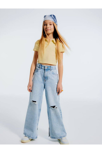 Kids Girl's Ripped Detailed Slim Fit Denim Jeans with Slit at the Leg