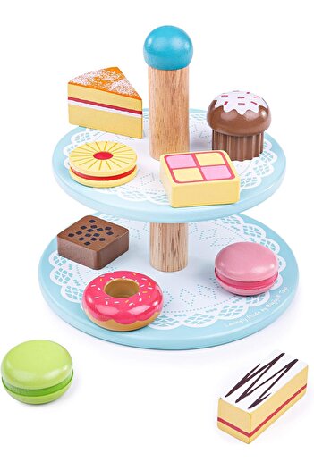 BIGJIGS Toys Wooden Cake Stand with 9 Wooden Play Food Cakes