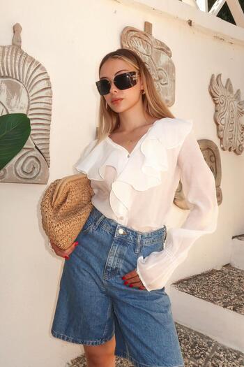 Swist White Ruffle Detail V Neck Sleeves Shirring Women's Shirt
