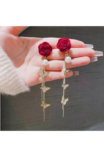 byozanyılmaz Butterfly Motif Pearl Pendant Rose Earrings