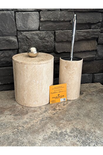 Polen Stone Traverten Doğaltaş İkili Banyo Takımı – Çöp Kovası & Tuvalet Fırçalık
