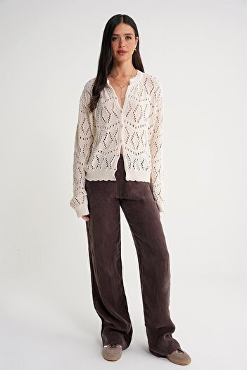 Mixray 6934 Women's Diamond Patterned Seasonal Openwork Cardigan Natural