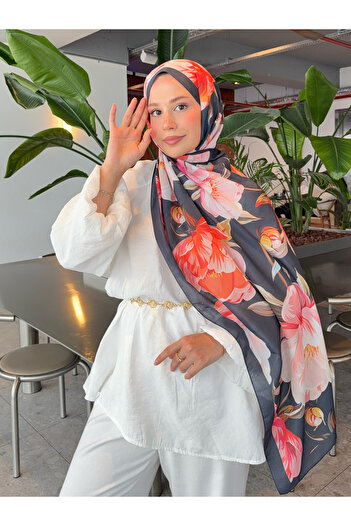 Mira İpek Retro Patterned Cotton Shawl Inspiration Series Dark Navy Orange Ps43