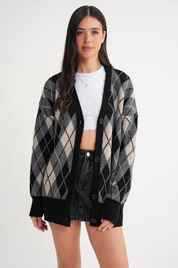 Mixray 6937 Women's Diamond Patterned Oversize Knitwear Cardigan Black