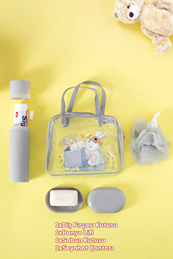 Porsima 3145 Rabbit Figured Travel Set - Toothbrush Box Bath Loofah Soap Box Travel Case Gray