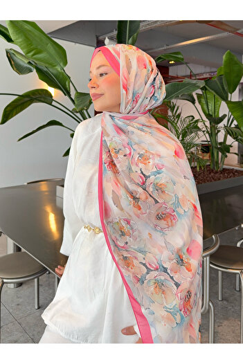 Mira İpek Retro Patterned Cotton Shawl Inspiration Series Fuchsia Mixed Color Ps48