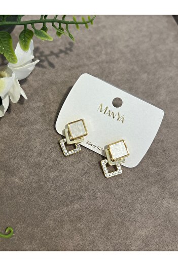 VİYA Gold Pearl and Zircon Stone Quadrilateral Steel Earrings