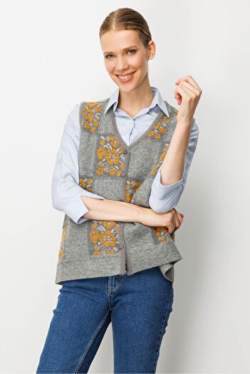 Desen Triko Women's Pıtırcık Floral Patchwork Felt Wool Vest Y.Smoked_Mustard