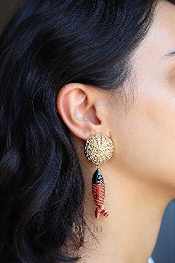 Brillo Red Fish Brand Design Gold Steel Earring