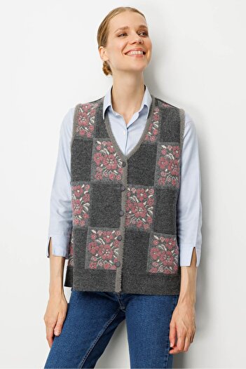 Desen Triko Women's Pıtırcık Floral Patchwork Felt Wool Vest Smoked_Y.G.Dry