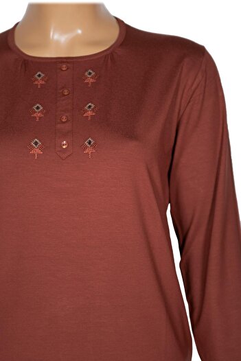 Pıtırcık Cimariva Women's Neşe Plus Size O Neck Robe Embroidered Tan Blouse