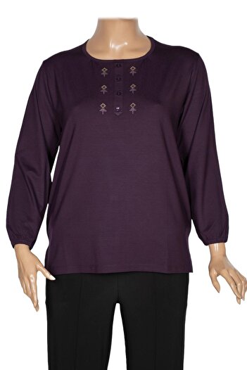 Pıtırcık Cimariva Women's Neşe Plus Size O Neck Robe Embroidered Plum Blouse