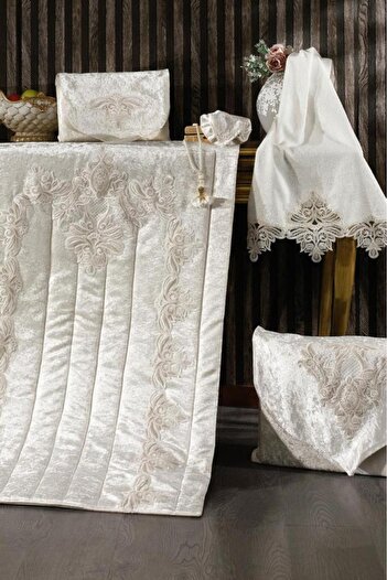 Çeyiz Diyarı Hüma Velvet Prayer Rug Set Cream