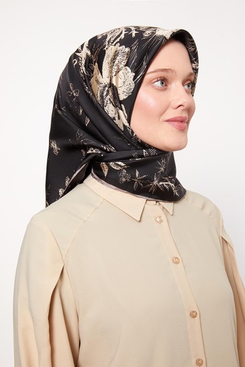 Levidor Twill Silk Scarf Milky Coffee Abstract Rose Pattern