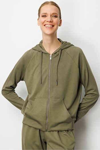 Desen Triko Women's Kangaroo Pocket Sweat Tracksuit Top Khaki