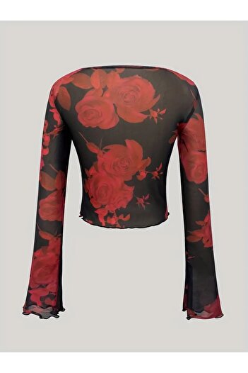SiaLess Lingerie Women's Rose Patterned Lycra Tulle Body with Lace Detail Long Sleeve Above Waist Body