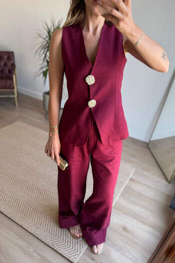 Sue Store Burgundy Gold Rose Buttoned Vest Wide Leg High Waist Trousers Linen Suit