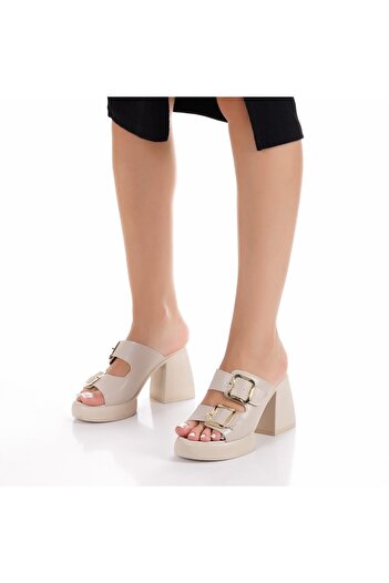 BAKKA Women's Beige Gold Buckle Orthopedic Heeled Slippers