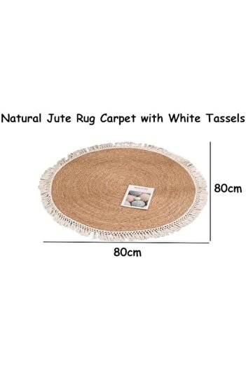 genric FFD Handwoven Round Jute Rug with White Tassels - Eco-Friendly Boho Chic Area Mat for Living 80cm