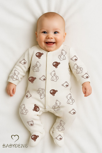 BABYDEN'S Teddy Bear Patterned Ecru Snap Fastener Booties Baby Sleeping Bag Unisex Ribbed Sleeping Bag Ribbed 100% Cotton