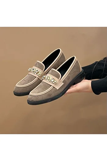 Craftique Dark Cream Suede Stylish Stone Detailed Women's Office School Daily Use Quality Moccasin Loafer Shoes