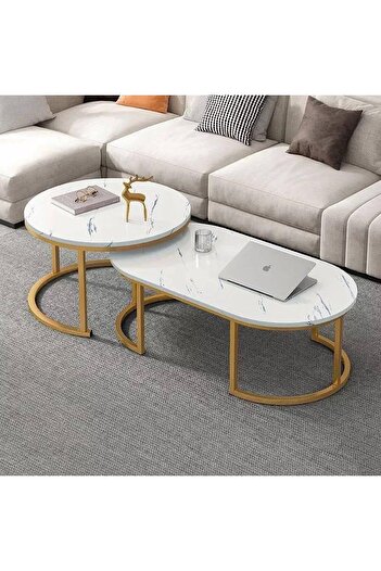 Generic Tempered Glass Nesting Coffee Table Modern Faux Marble Finish Set of 2