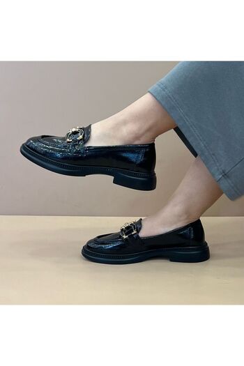 Craftique Black Shiny Round Buckle Detailed Women's Office School Daily Use Quality Moccasin Loafer Shoes