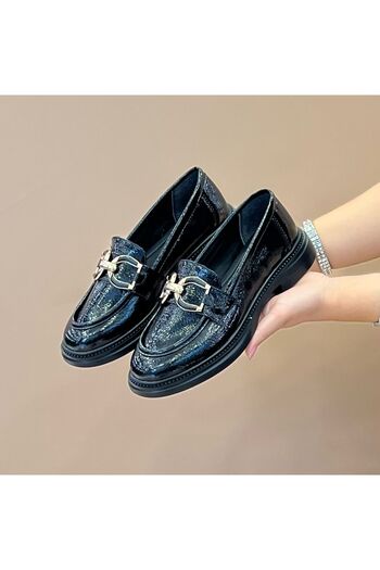 Craftique Black Shiny Round Buckle Detailed Women's Office School Daily Use Quality Moccasin Loafer Shoes