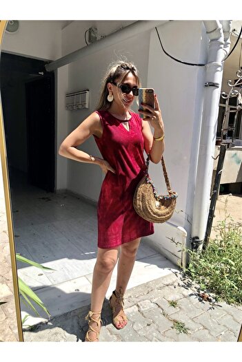 Gözde Tasarım Butik KADIN BORDO PEMBE RENK BATİK DESENLİ VİSKON KISA GÜNLÜK ELBİSE
