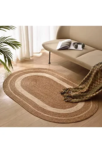 genric FFD Jute Rug Carpet Oval Jute Rug with White Line Design Floor Mat Carpet Jute Door Mat for Decor