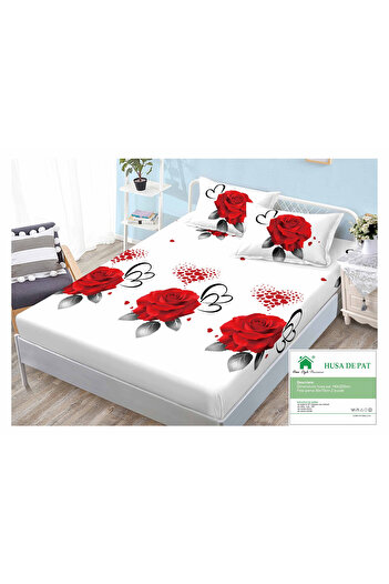 FIONNA.RO Duvet Cover with Elastic and Pillowcases 140x200cm - Red Roses and Hearts