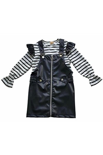Kamex Girl's Striped T-Shirt Leather Salopet Set of 2