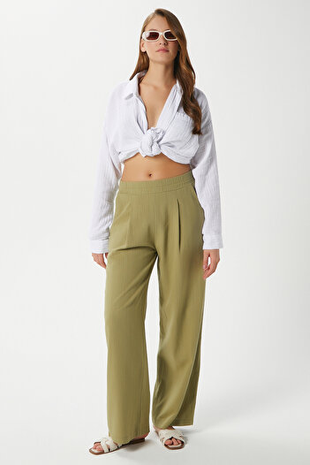 Ritnice Women's Lana Linen Cotton Khaki Palazzo Trousers