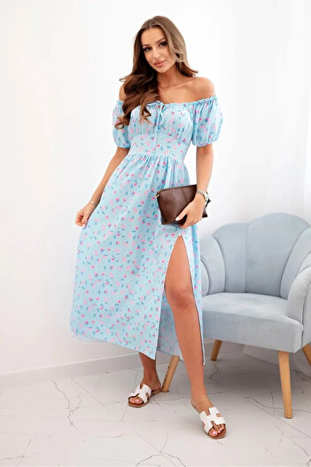 UniqueStore.ro Rochie albastră cu umerii goi și imprimeu floral - MĂRIME UNICA