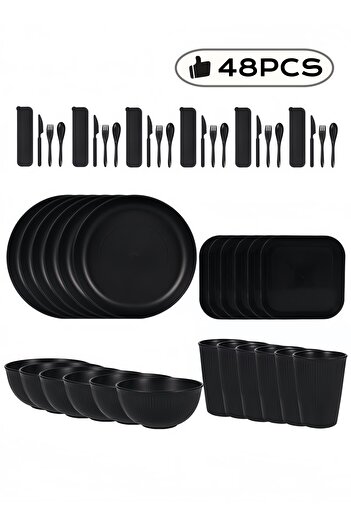 NIHAO 48 Pcs Plastic Dinner Set, Wheat Straw Dinnerware Set,Dessert Plate, Bowls, Cups, Outdoor Dishes