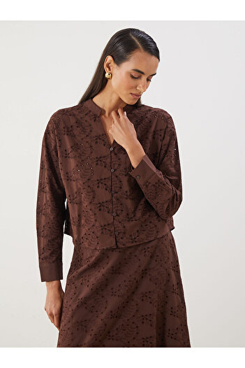 LC Waikiki Lcwaikiki Classic Brown Cheeky Collar Openwork Brode Women's Shirt