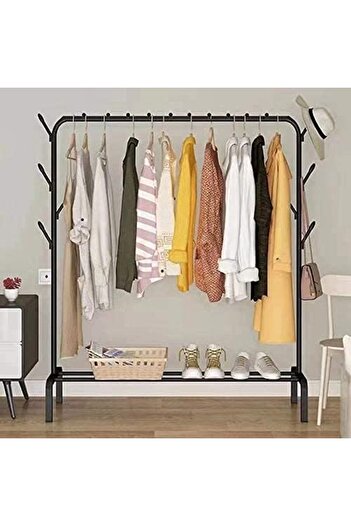 Türkiye Cloth Rack - Modern Black Iron Clothes, Shoes, Hats & Accessories Stand with 8pcs Hooks & Bot